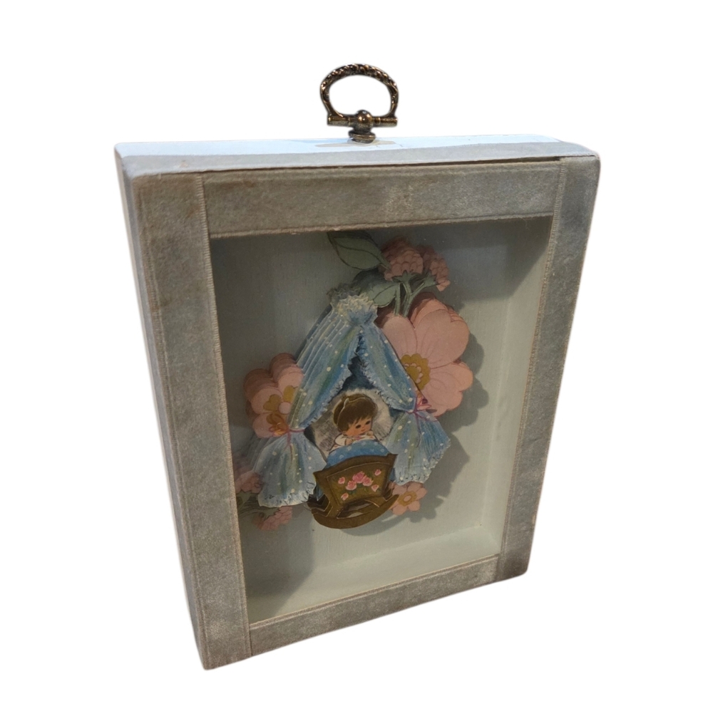 Vintage 3D Charming Shadow Box Baby In Crib with Floral Accents 60's 70's Vibe